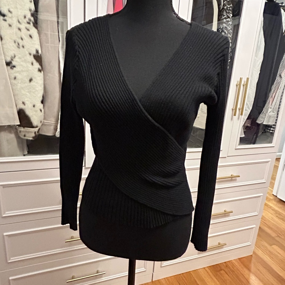 Black Ribbed V-Neck Wrap Sweater - Women